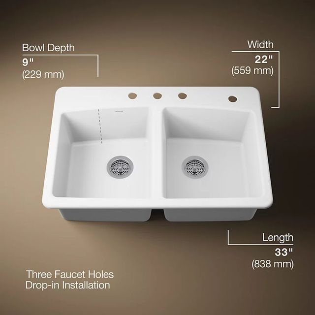 KOHLER® Brookfield™ White 33" 4-Faucet Hole Top-Mount Double-Bowl Kitchen Sink-4