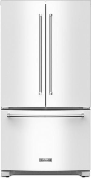 Front view of the KitchenAid® 36 in. 20.0 Cu. Ft. White Counter Depth French Door Refrigerator