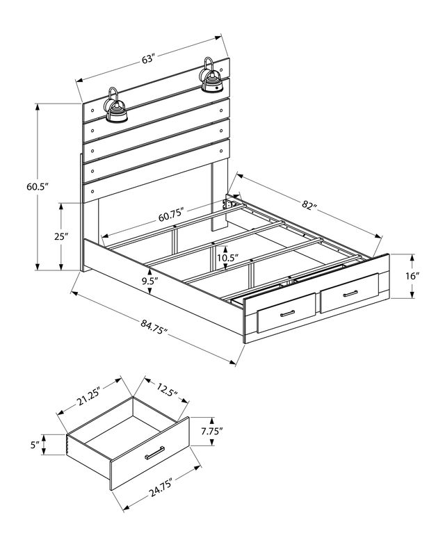 Monarch Specialties Inc. Bleached Oak Queen Panel Bed with 2 Lights and USB-2