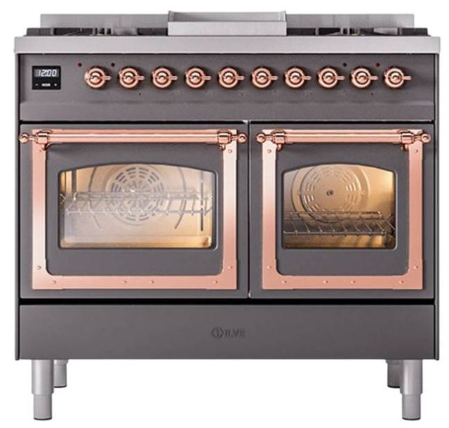Ilve® Nostalgie II Noblesse 40'' Graphite Matte Pro Style Dual Fuel Range with Copper Trim-1