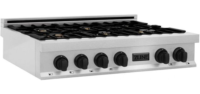 ZLINE Autograph Edition Legacy 36" Satin Stainless Steel Gas Rangetop with 6 Burners, Porcelain Cooktop and Matte Black Accents-1