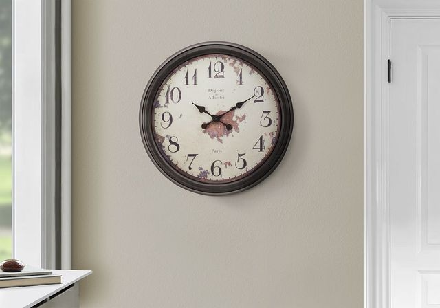 Monarch Specialties Inc. Brown 20" Round Wall Clock with Standard Numbers on Distressed Beige Backgr-2