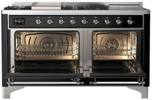 Ilve® Majestic III 60" Glossy Black Pro Style Dual Fuel Liquid Propane Range with French Top and Chrome Trim-1