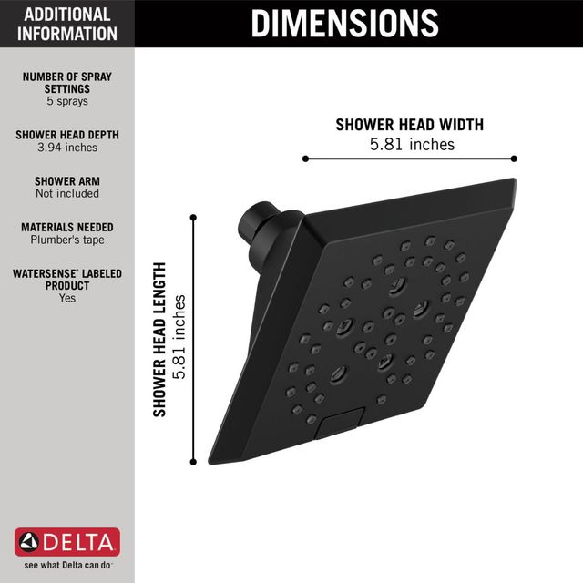 Delta Universal Showering Matte Black H2Okinetic® 5-Setting Angular Modern Raincan Shower Head-3