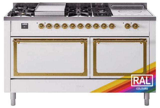 Ilve® Nostalgie II Noblesse 60'' Custom RAL Color Natural Gas Pro Style Dual Fuel Range with Brass Trim-0
