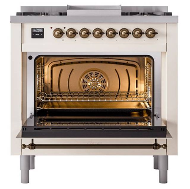 Ilve® Nostalgie II Noblesse 36'' Antique White Pro Style Dual Fuel Range with Burnished Trim-1
