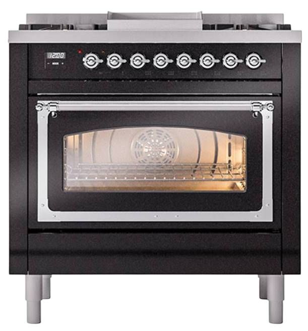 Ilve® Nostalgie II Noblesse 36'' Glossy Black Pro Style Dual Fuel Range with Chrome Trim-1