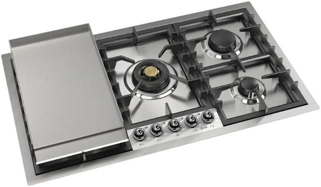 Ilve Nostalgie II 36” Stainless Steel Liquid Propane Cooktop with 5 Black Brass Burners and Griddle-1