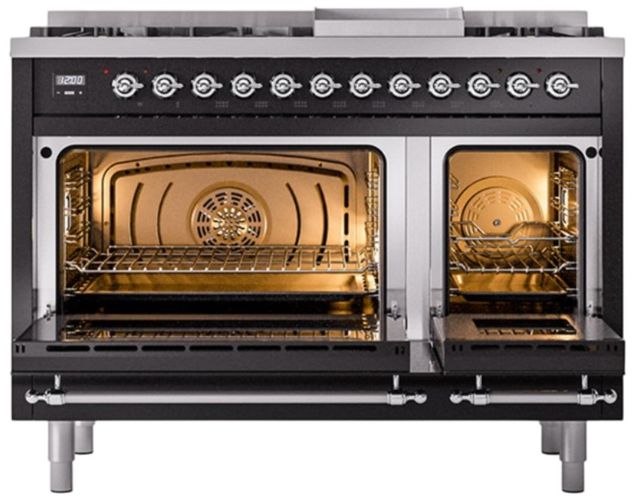 Ilve® Nostalgie II Noblesse 48'' Glossy Black Pro Style Dual Fuel Range with Chrome Trim-1