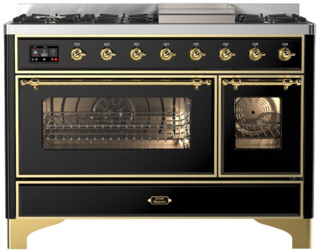 Ilve® Majestic III 48" Glossy Black Pro Style Dual Fuel Natural Gas Range with Triple Glass Door and Brass Trim-0