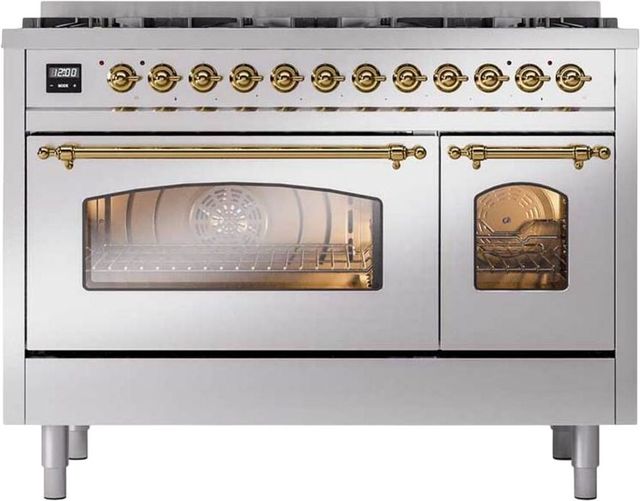 Ilve® Nostalgie II 48" Stainless Steel Pro Style Dual Fuel Range with Brass Trim-0