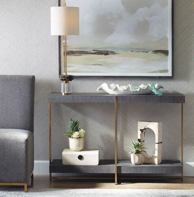 Uttermost® Taja Dark Walnut Console Table with Brushed Brass Frame-1