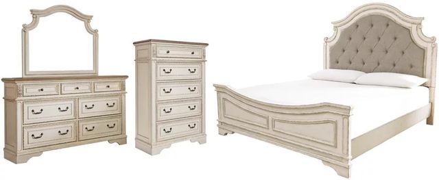 Signature Design by Ashley® Realyn 4-Piece Chipped White Queen Upholstered Panel Bed Set-0