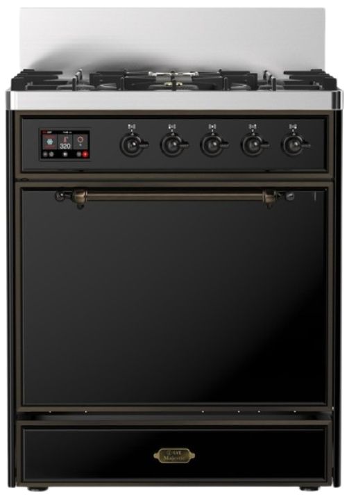 Ilve® Majestic III 30" Glossy Black Pro Style Dual Fuel Liquid Propane Range with 5 Black Brass Burners and Burnished Trim-0