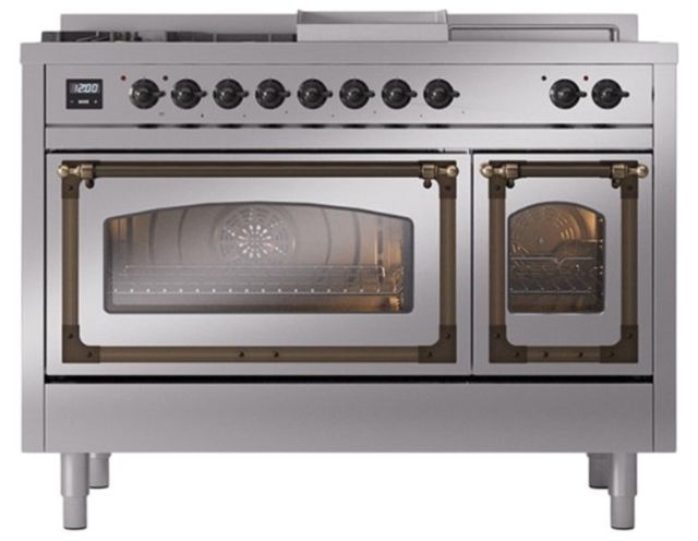 Ilve® Nostalgie II Noblesse 48'' Stainless Steel Pro Style Dual Fuel Range with Burnished Trim-1