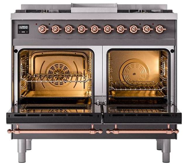 Ilve® Nostalgie II Noblesse 40'' Graphite Matte Pro Style Dual Fuel Range with Copper Trim-2