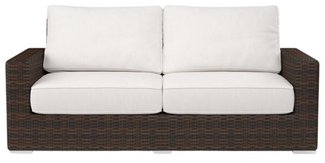 Sunset West Montecito Cognac Resin Wicker Outdoor Loveseat with Canvas Flax Cushion-1