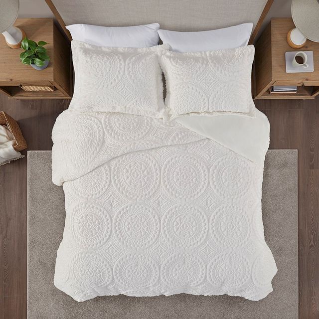 Olliix by Madison Park Arya Ivory Twin Embroidered Medallion Faux Fur Ultra Plush Comforter Mini Set-4