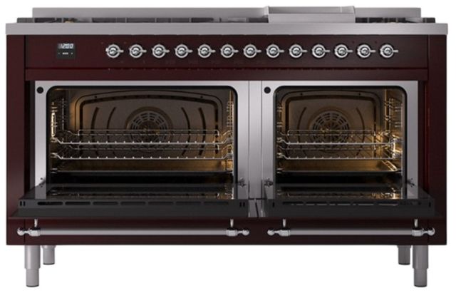 Ilve® Nostalgie II Noblesse 60'' Burgundy Pro Style Dual Fuel Range with Chrome Trim-1