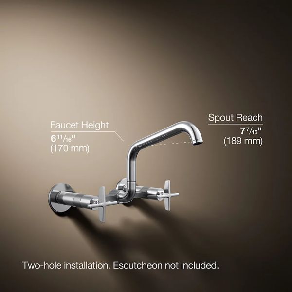 KOHLER® Billet® Polished Chrome 2-Hole Wall-Mount Bridge Kitchen Sink Faucet with Cross Handles-4