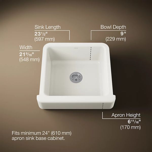 KOHLER® Whitehaven® Biscuit 24" Undermount Single-Bowl Farmhouse Kitchen Sink with Short Apron-2