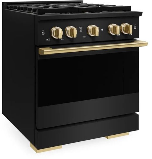 ZLINE Marino 30" Black Stainless Steel Pro Style Dual Fuel Range with 4-Burner DuoPro™ Cooktop and Electric Convection Oven and Polished Gold Accents-3