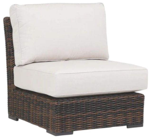 Sunset West Montecito Cognac Resin Wicker Outdoor Armless Club Chair with Canvas Flax Cushion-0