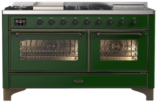 Ilve® Majestic III 60" Emerald Green Pro Style Dual Fuel Natural Gas Range with French Top and Burnished Trim-0