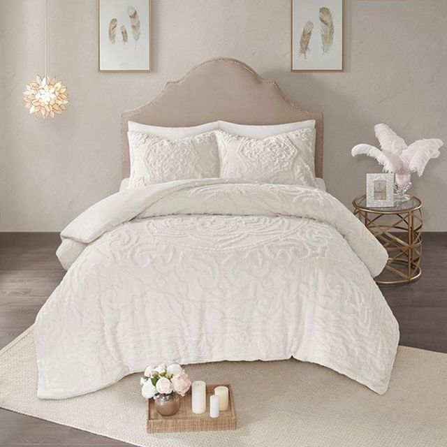 Olliix by Madison Park Ivory Full/Queen Laetitia Tufted Cotton Chenille Medallion Duvet Cover Set-0