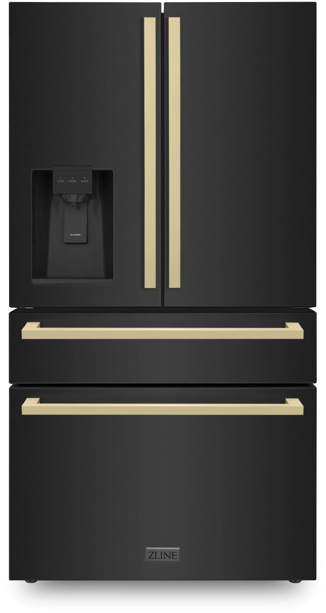 ZLINE Autograph Edition 36" 21.6 Cu. Ft. Fingerprint Resistant Black Stainless Steel Counter Depth French Door Refrigerator with Champagne Bronze Modern Handles-0