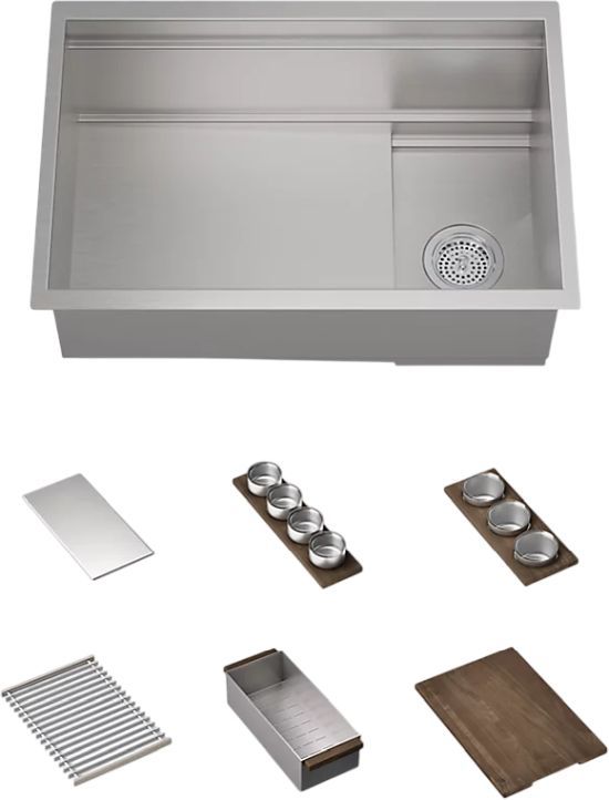 KOHLER® Synthos™ Dark Walnut/Stainless Steel 28" Undermount Single-Bowl Workstation Kitchen Sink-0