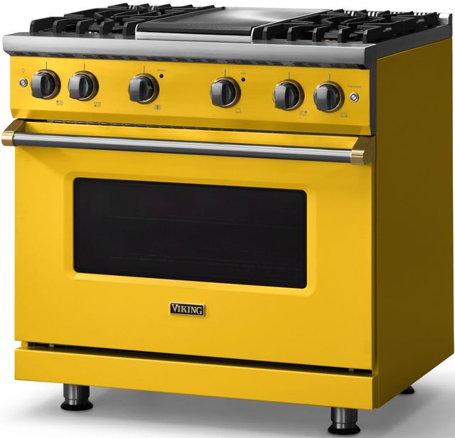 Viking® 5 Series 36" Daffodil Pro Style Gas (NG) Range with Brushed Brass Trim-2