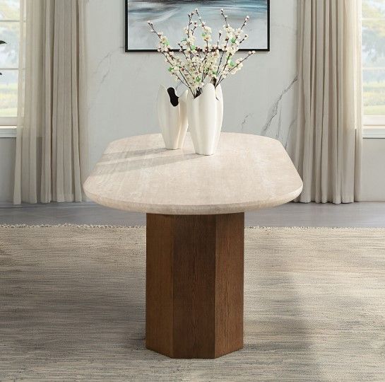 ACME Furniture Leonardo Beige Dining Table with Dark Oak Base-1
