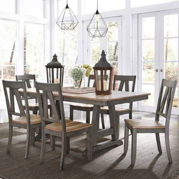 Liberty Furniture Lindsey Farm 7-Piece Gray/Sandstone Trestle Table Set