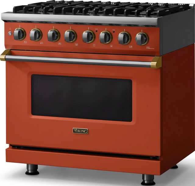 Viking® 5 Series 36" Spiced Cider Pro Style Dual Fuel (LP) Range with Brushed Brass Trim-3