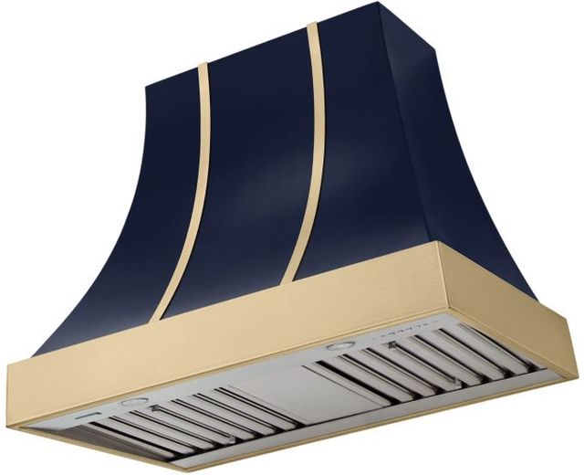 La Cornue CornuFé Cascade 36" Goodwood Blue Wall Mounted Range Hood with Brushed Brass Trim-0
