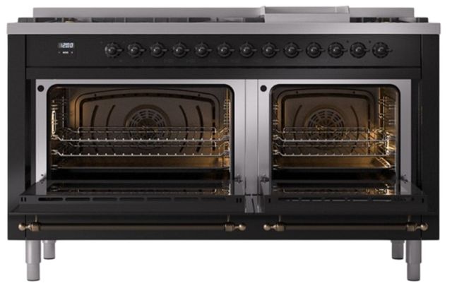Ilve® Nostalgie II Noblesse 60'' Glossy Black Pro Style Dual Fuel Range with Burnished Trim-1