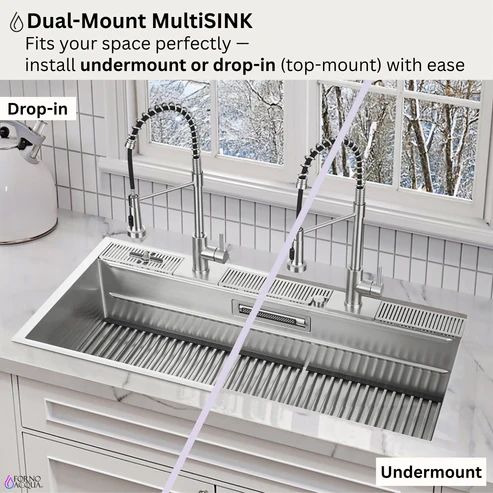Forno Acqua MultiSINK Stainless Steel 10" Dual Mount 3-Level Workstation Sink with 2 Faucets and Glass Rinser-3