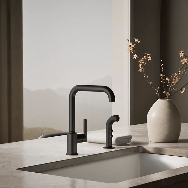 KOHLER® Purist® Matte Black Single-Handle Kitchen Sink Faucet with Side Sprayer-1