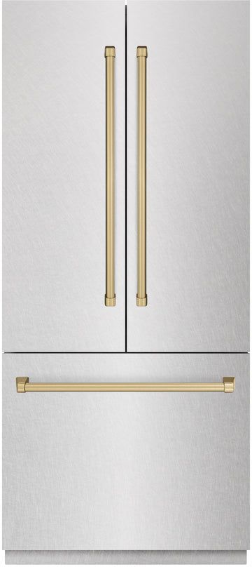 ZLINE Autograph Edition 36" 19.6 Cu. Ft. Satin Stainless Steel Built-In French Door Refrigerator with Champagne Bronze Accents-0