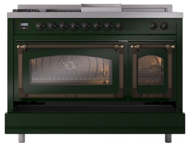 Ilve® Nostalgie II Noblesse 48'' Emerald Green Pro Style Dual Fuel Range with Burnished Trim-3