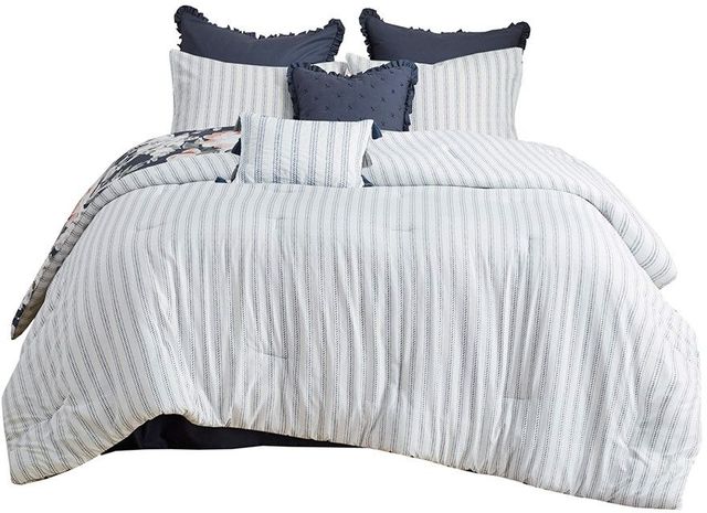 Olliix by Madison Park 8 Piece Dark Blue California King Mavis Cotton Printed Reversible Comforter Set-1
