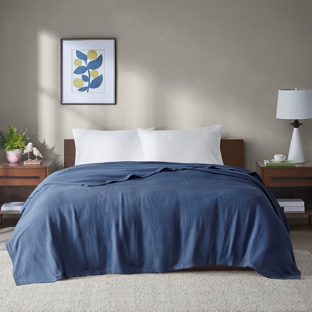 Olliix by Madison Park Freshspun Basketweave Navy King Cotton Blanket-1