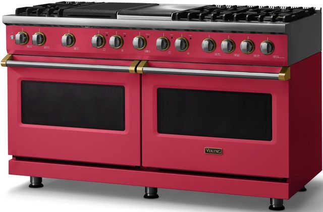 Viking® 5 Series 60" Valentine Pro Style Dual Fuel (LP) Range with Brushed Brass Trim-2