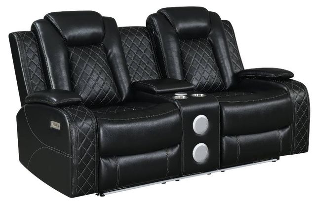 New Classic® Home Furnishings Orion Black Power Reclining Loveseat with Footrest and Headrest-0