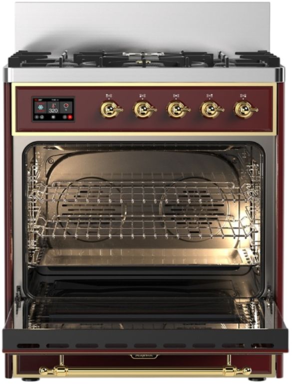 Ilve® Majestic III 30" Burgundy Pro Style Dual Fuel Natural Gas Range with Triple Glass Door and Brass Trim-2