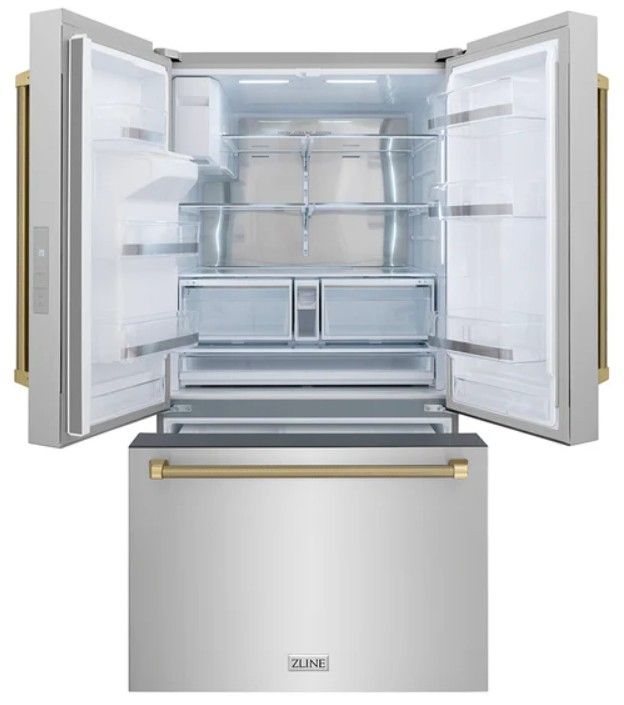 ZLINE Autograph Edition 36" 28.9 Cu. Ft. Stainless Steel Standard-Depth French Door Fingerprint-Resistant Refrigerator with External Water Dispenser and Dual Ice Maker in Champagne Bronze Helix Handles-1