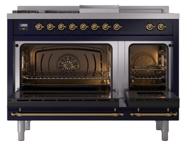 Ilve® Nostalgie II Noblesse 48'' Midnight Blue Pro Style Dual Fuel Range with Brass Trim-2