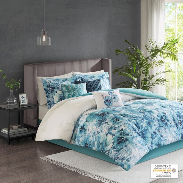 Olliix by Madison Park 7 Piece Teal Queen Enza Cotton Printed Comforter Set-1