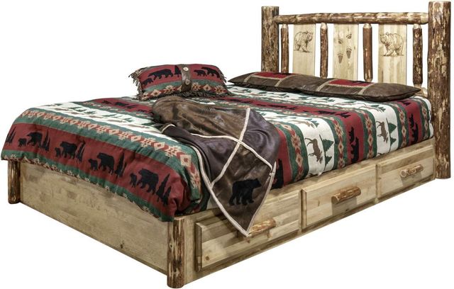 Montana Woodworks® Glacier Country Stained and Lacquered Twin Platform Storage Bed with Laser Engraved Bear Design-3
